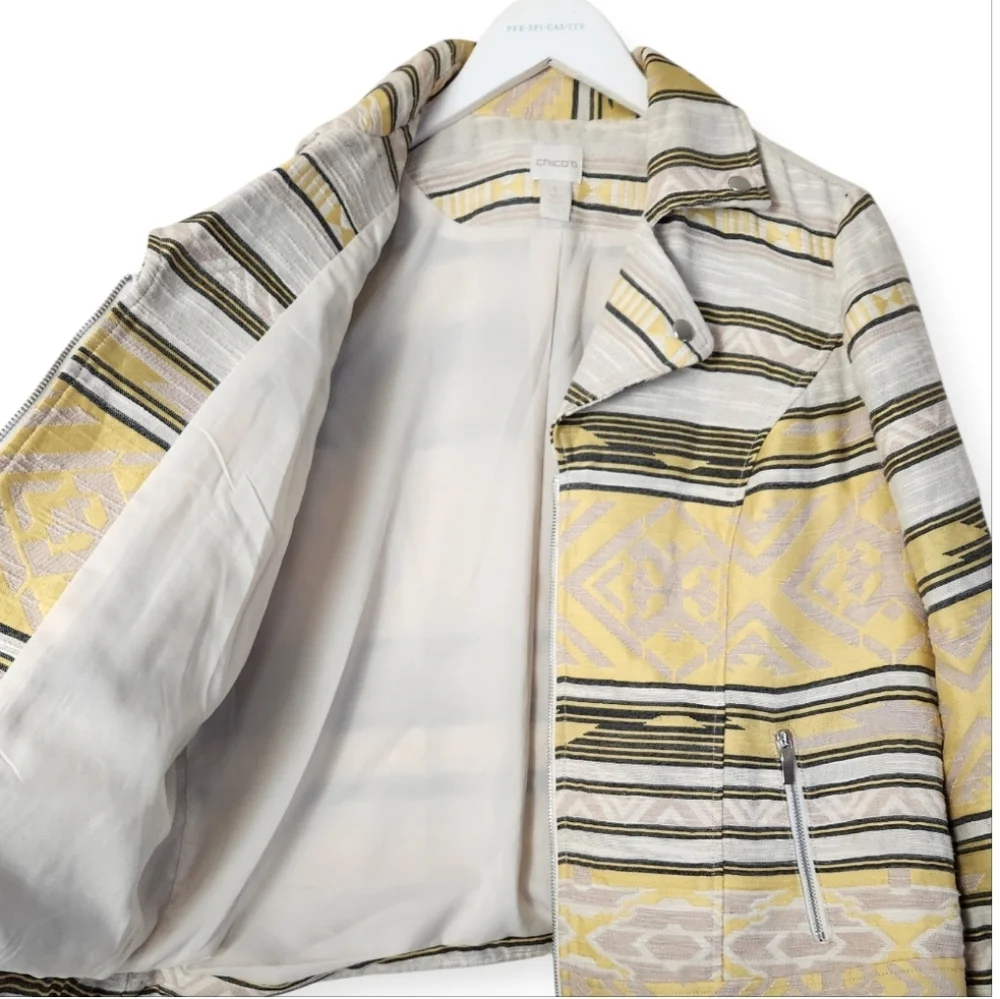 CHICO'S Aztec Southwest Jacquard Moto Western Yellow Black Striped Jacket Sz. M